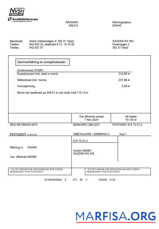 Blank Sweden NVSH Energi business utility bill template in Word and PDF formats
